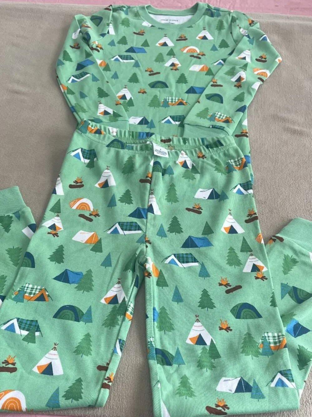 Janie and Jack Girls Green Camping Theme PJ Set Pants & T-shirt Size 8 New